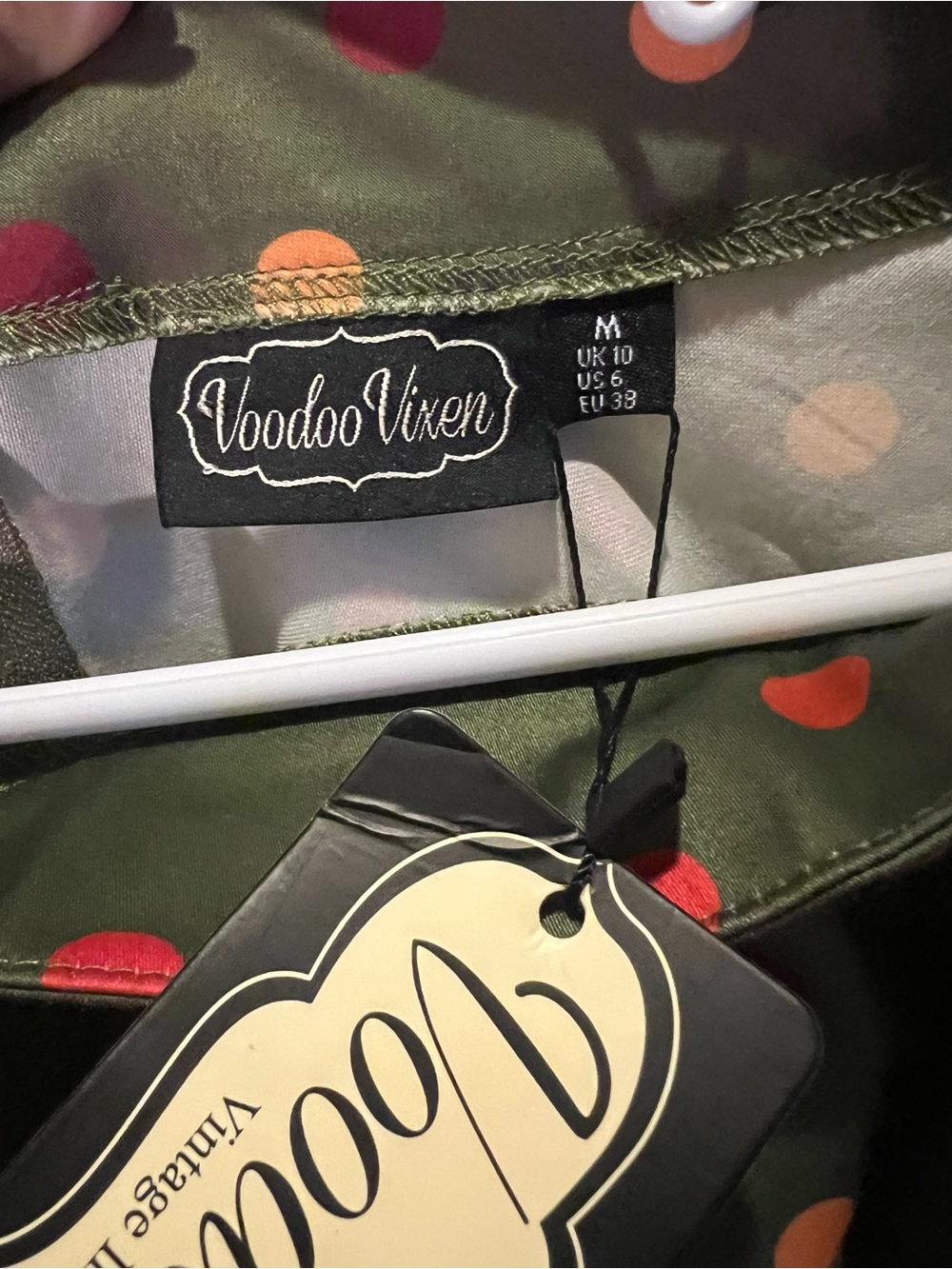 Voodoo Vixen Olive Green Polka Dot Skirt with Red and Orange Dots